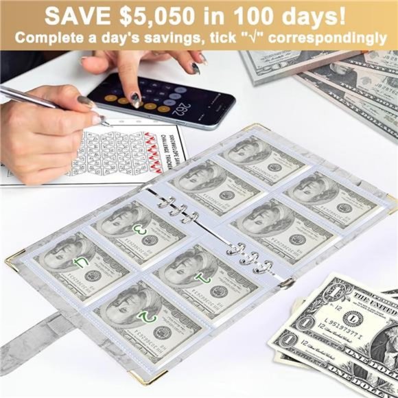 100 Envelopes Money Saving Challenge Tracker to Save $5,050, Marble Grey - Picture 5 of 7
